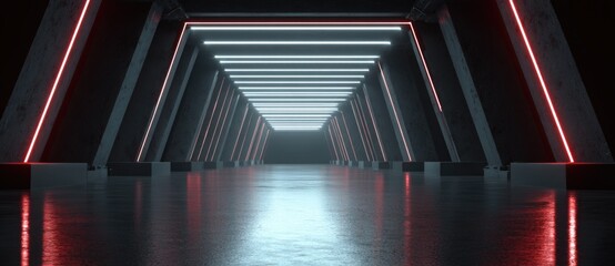 Bright neon lines illuminate a modern corridor