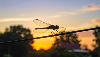 Dragonfly on Wire at Sunset.