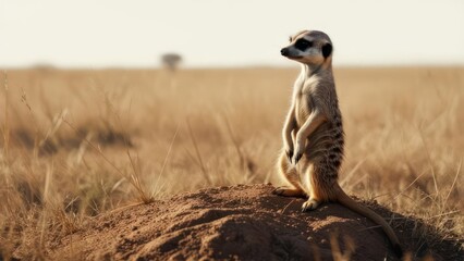 Fototapeta premium A meerkat stands tall, vigilant on a mound, observing its grassy, arid environment
