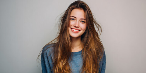 Wide portrait of cheerful girl with long hair, casual style, plain soft background with copyspace