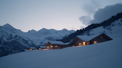 Winter cabins glow against snowy mountains at twilight, offering a cozy retreat in a serene alpine landscape, blending comfort with nature's beauty.