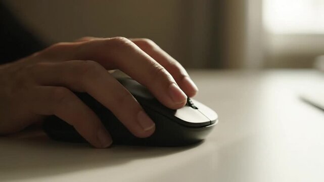 Close-up of an unrecognizable person's hand using a wireless optical computer mouse on a white office desk, finger clicking a button