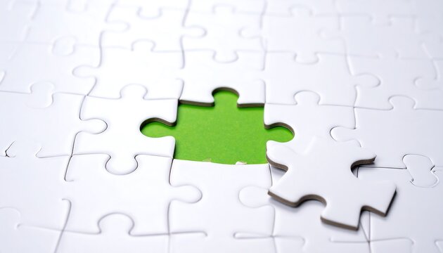 A close-up of a mostly assembled jigsaw puzzle with one missing piece revealing a vibrant green backing. The final piece floats nearby