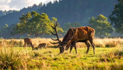 Fototapeta premium Deer Grazing in a Meadow.