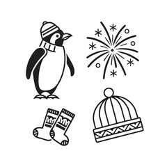 Festive penguin stocking hat and fireworks icons for holiday season celebrations isolated on transparent background
