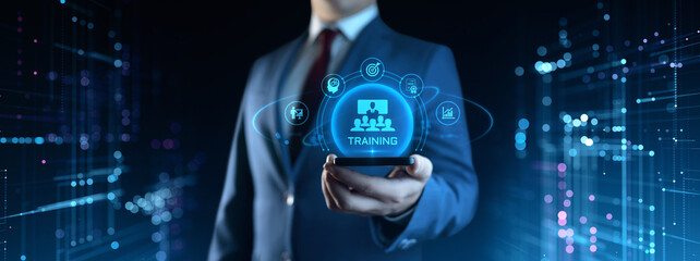 Businessman Holding smartphone with Training Icons on Screen. E-Learning and online Education concept