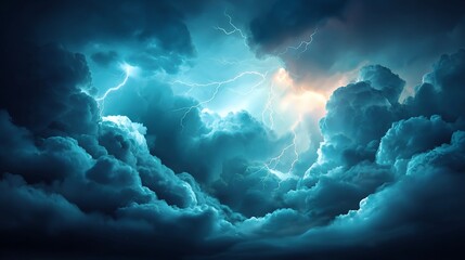 Dramatic sky with lightning strikes illuminating turbulent storm clouds formation
