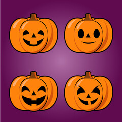 Set of Halloween pumpkins with different happy and funny facial expressions — cartoon-style orange pumpkin vector illustration, perfect for festive design, autumn decoration