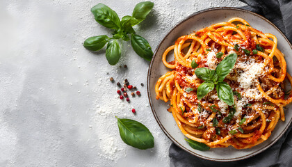 Delicious pasta with tomato sauce, basil and cheese on served gray textured table, flat lay, top view
