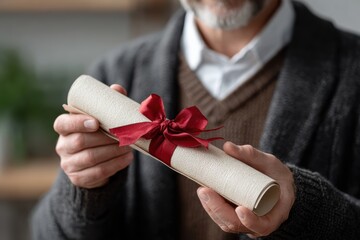 Gift certificate tied with red bow held by man in elegant setting, ideal for holiday promotions, awards, or marketing materials focused on celebration and gratitude.
