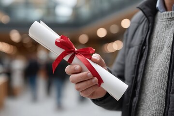 Man offering rolled gift certificate tied with red ribbon, symbol of gratitude and achievement, perfect for festive campaigns, business visuals, or seasonal greetings.