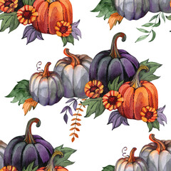 Autumn pumpkins seamless pattern. Sunflowers, flowers, leaves. Perfect for fall, Thanksgiving, holidays, fabric, textile. Seamless repeat swatch.