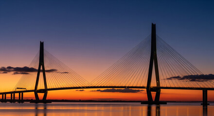 Majestic modern cable-stayed bridge silhouetted against a fiery sunset.
A spectacular, long-exposure image of a majestic modern cable-stayed bridge silhouetted against a vibrant, fiery sky at sunset 
