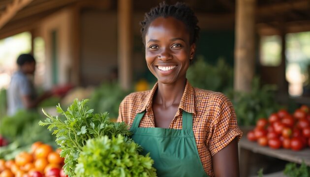 Smiling woman green grocer with fresh parsley. She works at outdoor local african market selling fresh produce. Healthy food and small business. - Powered by Adobe