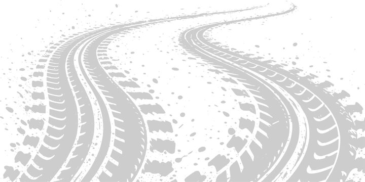 Abstract, winding tire track backgrounds trace a path across road and snow, suggesting high speed on the asphalt way