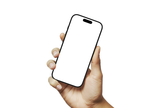 Realistic Hand-Held Smartphone Mockup, Showing Device in Natural Hand Pose, Isolated on White Background, Perfect for App Presentation, UI/UX Showcase, Branding, Marketing, and Product Display