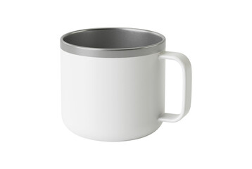 Realistic Metal Mug Mockup with Reflective Stainless Steel Surface, Isolated on White Background, Perfect for Branding, Logo Display, Coffee Shop, Beverage Packaging, and Product Presentation