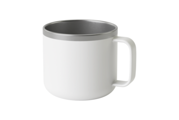 Realistic Metal Mug Mockup with Reflective Stainless Steel Surface, Isolated on White Background, Perfect for Branding, Logo Display, Coffee Shop, Beverage Packaging, and Product Presentation