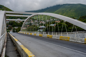 Modern bridge with mountain view in Shaki, Azerbaijan