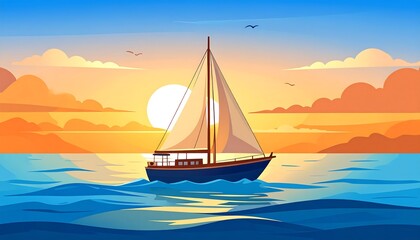 Sunset Sailboat on Calm Ocean.