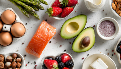 Many different healthy food on white table, flat lay