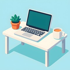 Minimalist isometric illustration of a modern digital workspace with a laptop, coffee mug, and a small potted plant on a clean desk