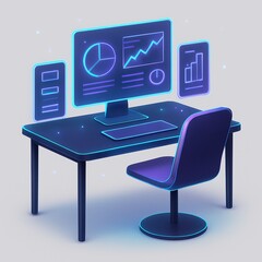 Futuristic digital workspace with glowing computer screens displaying data and charts, illustrating technological advancement and modern office setup