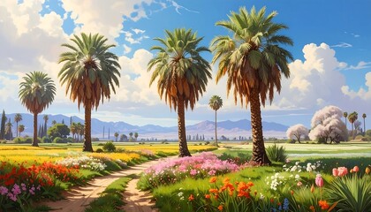 Scenic Pathway Through Colorful Meadow with Palm Trees.