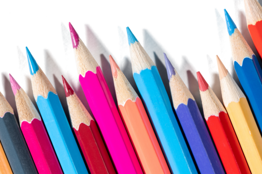 Macro shot of vivid colored pencils on transparent background with shadows. Artistic supplies for design, drawing and creativity projects. - Powered by Adobe