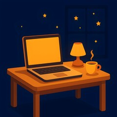 Cozy Nighttime Workspace Laptop, Coffee, and Lamp Illustration for a Relaxing Remote Work Scene