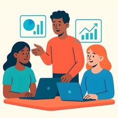 Team collaborating on a business project with laptops and data charts at a meeting