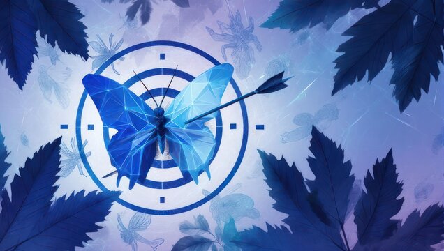 A digital artwork depicting a blue butterfly, impaled with an arrow within a target, surrounded by leaves