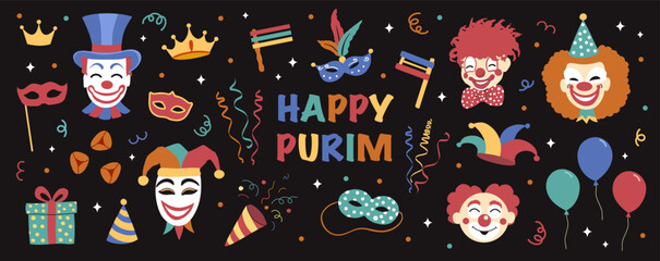 Happy Purim Jewish Holiday stickers. traditional Purim carnival symbols  design icon set for greeting card. 