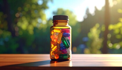 Colorful Pills in Amber Bottle Outdoors.