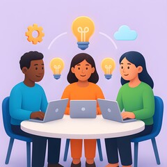 Three diverse professionals collaboratively generating innovative ideas with laptops, surrounded by glowing lightbulbs, symbolizing creative teamwork and digital problem-solving