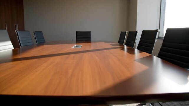 An empty corporate boardroom with a long polished wooden table and executive chairs, a quiet and professional setting for strategic planning