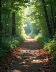 Obraz premium Peaceful forest path winds through tall green trees. Sunlight shines down, creating bright spots on ground, plants. Brown fallen leaves cover trail. Serene woodland invites nature walk, relaxation,