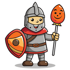 Cute Cartoon Knight Holding Shield and Lollipop Staff, Medieval Warrior Character with Happy Face, Vector Illustration for Kids and Games