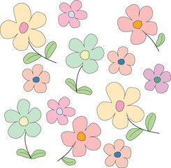 Flat flowers set hand drawn decorative elements, Vector illustration.