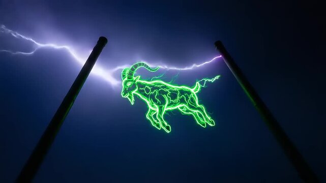 Green goat silhouette leaps amidst stormy night sky