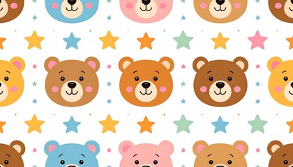 Cute Bear Faces Pattern with Stars.