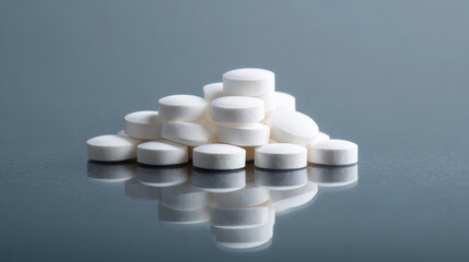 Pile of small round white tablets on reflective surface, pharmacy theme