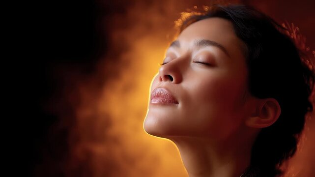 Close-up of a Calm Woman's Face Immersed in Relaxation and Meditation