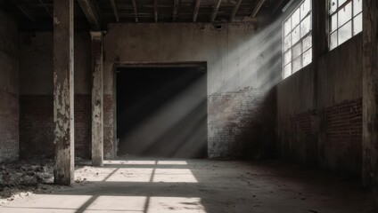 Dilapidated interior with sunlight streaming through windows and doorway, creating shadows