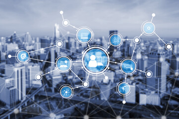 A visually striking representation of digital networks and online communication over an urban landscape. The image highlights the intersection of technology and modern life. Tessel