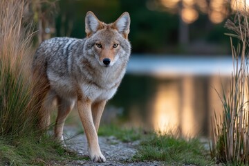 Fototapeta premium Coyote Walking Near Water at Sunset