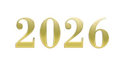 Stylish Metallic Gold 2026 Typography – Elegant Modern Number Design for Luxury Branding, Holiday Greetings, and Graphic Design Project Isolated