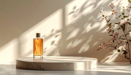 Elegant Amber Perfume Bottle on Marble Pedestal with Soft Sunlight and Floral Shadows