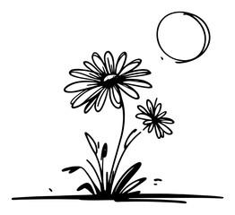 Hand-drawn Daisy Flowers beneath Summer Sun – cheerful rustic wildflower sketch meadow botanical vector art