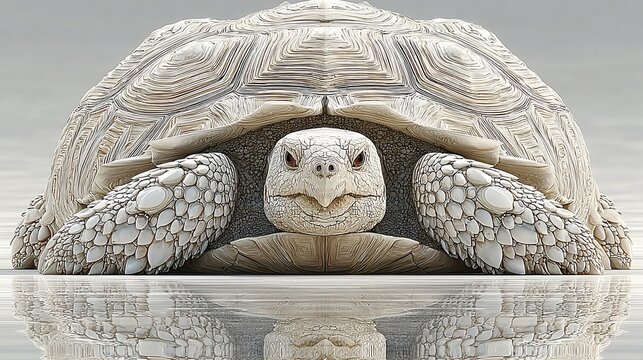 Elegant tortoise portrait showcasing intricate shell texture and serene reflection creating a